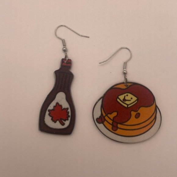⭐️❤️FREE Bread Maple Syrup Pancakes Snack Hipster Hippie Graphic Drop Earrings - Picture 5 of 9